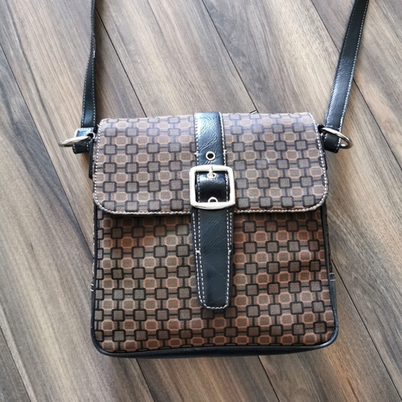 Brown GEOMETRIC printed canvas and leather messenger crossbody bag - Picture 3 of 13